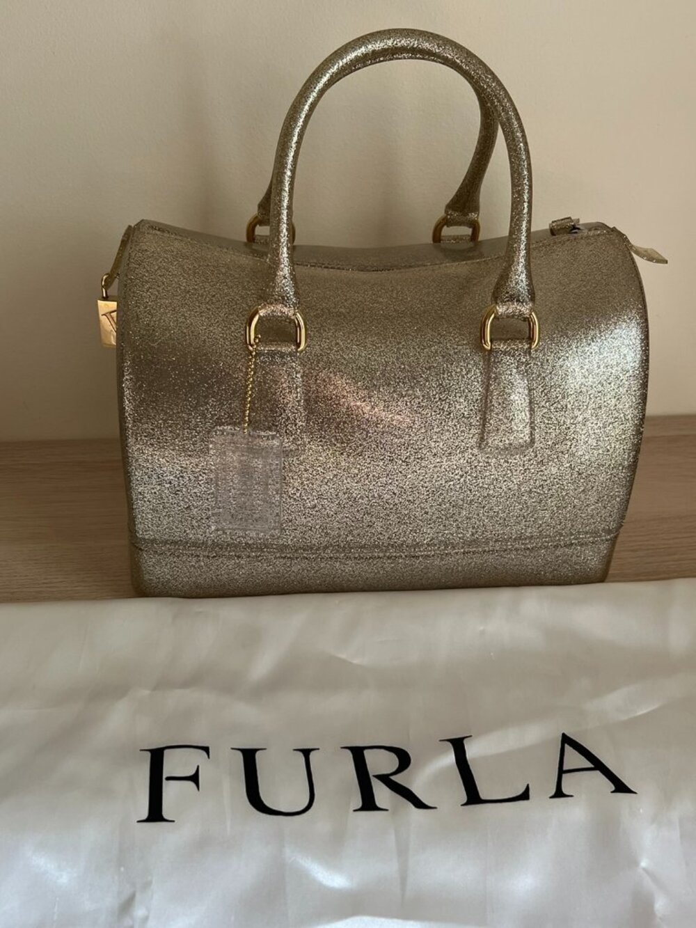 Furla Candy Glitter Rubber Satchel Bag Gold Oro Glitter Jelly Bowler Satchel w/